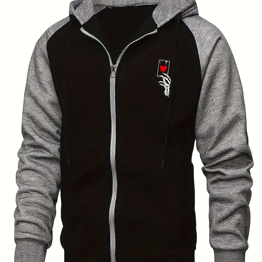 Sophie Store Deal of Style: Men's Color Block Poker Print Zip-Up Hooded Sweatshirt for Autumn and Spring