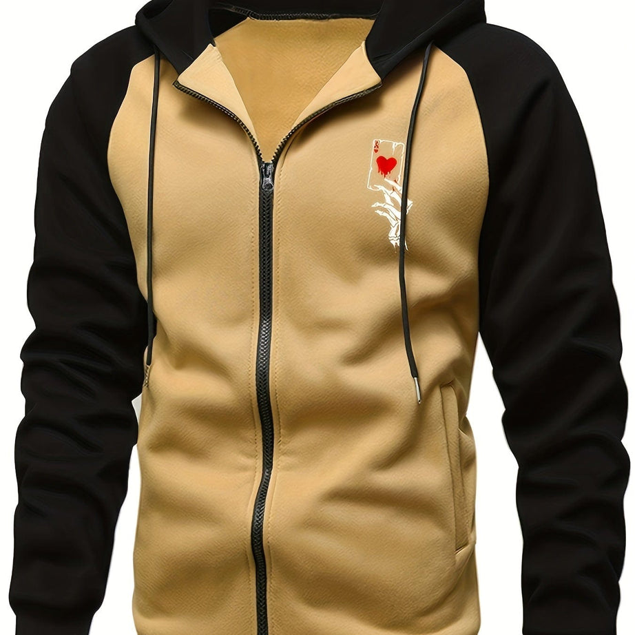 Sophie Store Deal of Style: Men's Color Block Poker Print Zip-Up Hooded Sweatshirt for Autumn and Spring