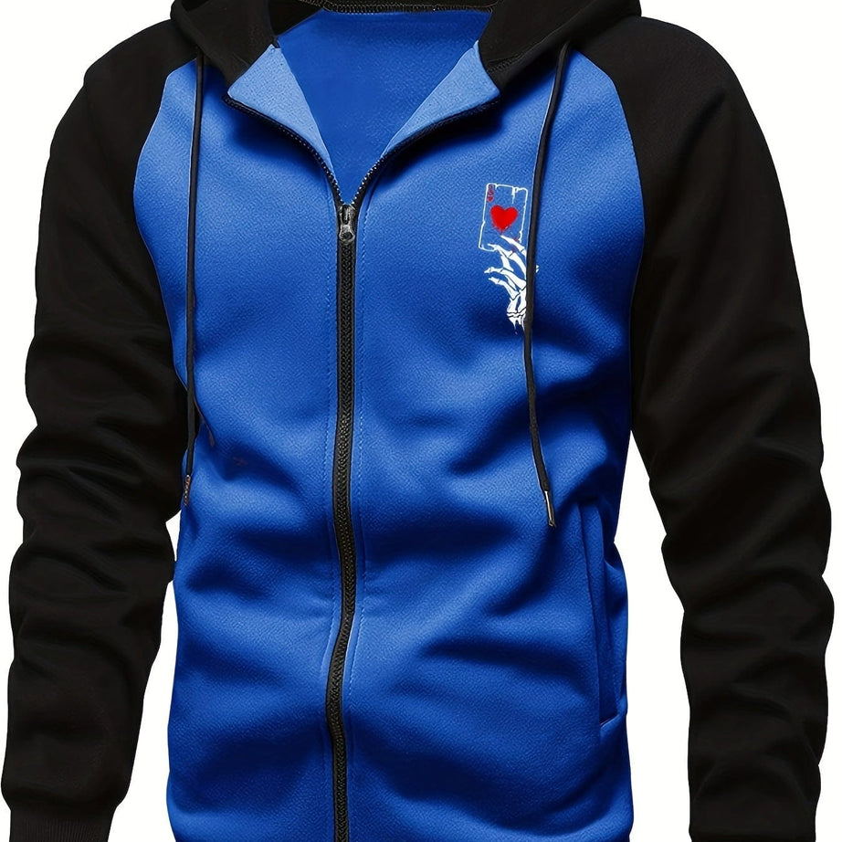 Sophie Store Deal of Style: Men's Color Block Poker Print Zip-Up Hooded Sweatshirt for Autumn and Spring