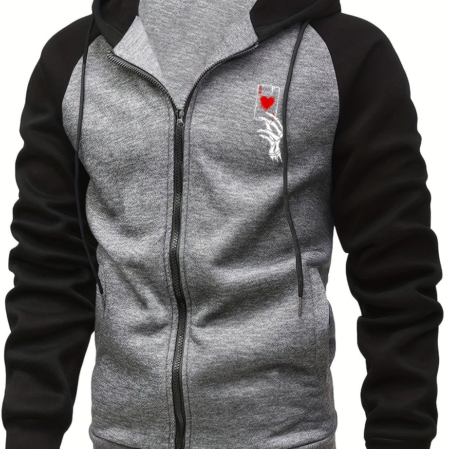 Sophie Store Deal of Style: Men's Color Block Poker Print Zip-Up Hooded Sweatshirt for Autumn and Spring