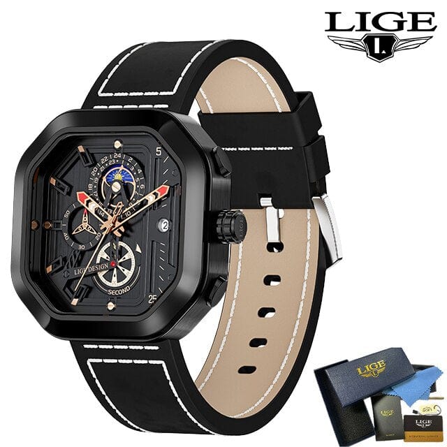 Sophie Store Full Black LIGE Fashion Square Dial Leather Mens Watches Luxury Sport Waterproof Watch Man Chronograph Quartz WristWatch Relogio Masculino