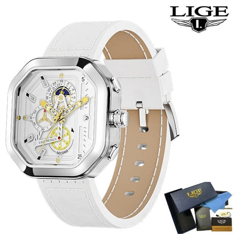 Sophie Store Full White LIGE Fashion Square Dial Leather Mens Watches Luxury Sport Waterproof Watch Man Chronograph Quartz WristWatch Relogio Masculino
