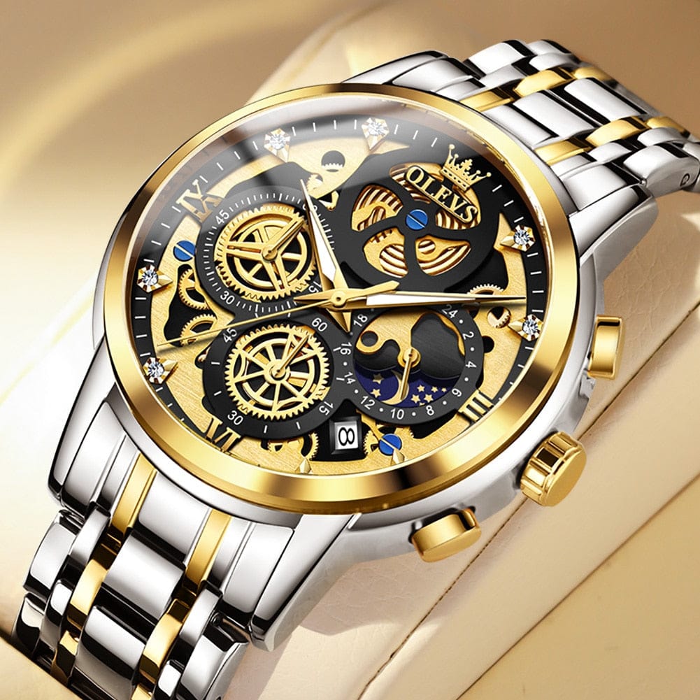 Sophie Store GDJH / United States OLEVS Men's Watches Top Brand Luxury Original Waterproof Quartz Watch for Man Gold Skeleton Style 24 Hour Day Night New