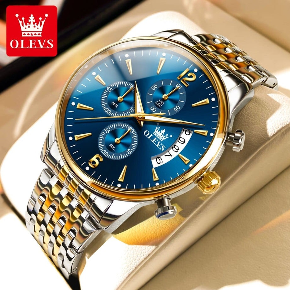 Sophie Store gold blue / United States OLEVS Men's Watch Waterproof Luminous Wrist Watch Quartz Stainless Steel Watch for Men Pilot Top Brand Male Watches