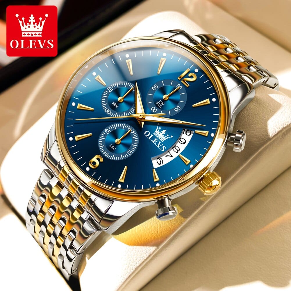 Sophie Store gold blue / United States OLEVS Men's Watch Waterproof Luminous Wrist Watch Quartz Stainless Steel Watch for Men Pilot Top Brand Male Watches