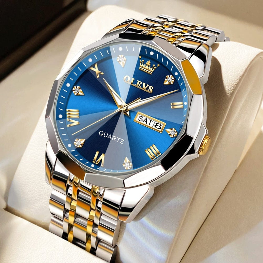 Sophie Store gold blue / United States OLEVS Men's Watches Rhombus Mirror Original Quartz Watch for Man Waterproof Luminous Stainless Steel Wristwatch Male Date Week