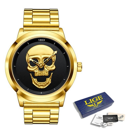 Sophie Store Gold steel / CN LIGE Gold Watches Luxury Watches Men Sports Stainless Steel Watch Men Skull Watches Golden Wristwatches Male Relogio Masculino