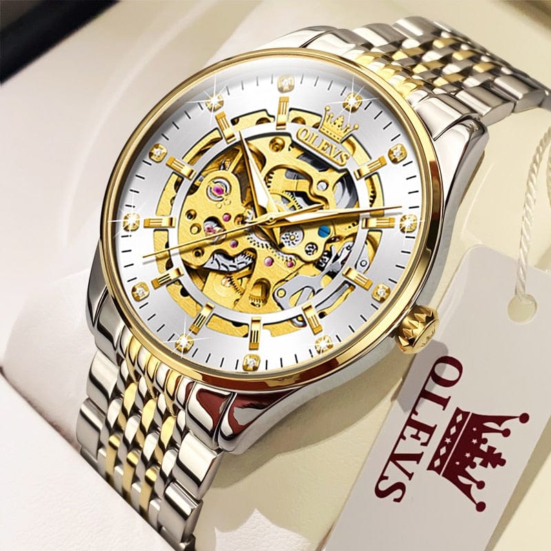Sophie Store gold white / United States OLEVS Men's Watches Luxury Gold Skeleton Automatic Mechanical Wrist Watch for Man Waterproof Stainless Steel Luminous Business