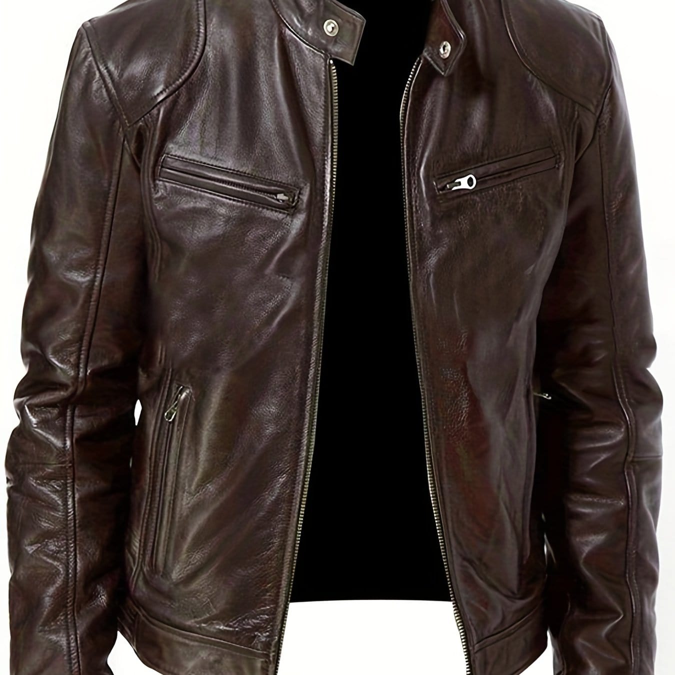 Sophie Store L(40) / Dark Brown Chic Faux Leather Elegance: Men's Solid Color Stand Collar PU Jacket, Perfect for Spring and Fall