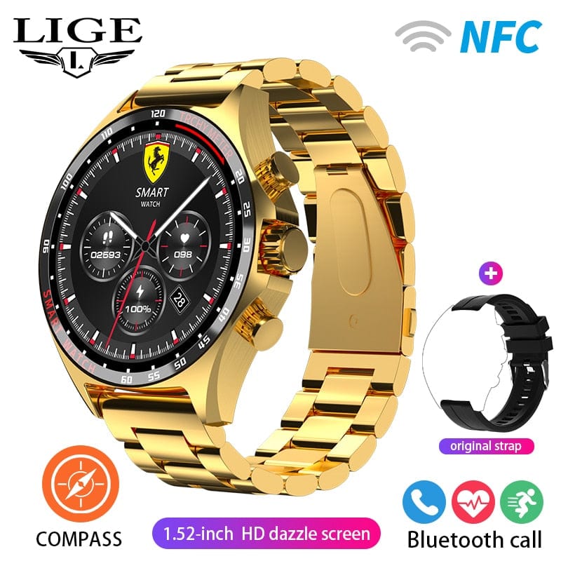 Sophie Store LIGE 2023 Smartwatch for Porsche Smart Watch Men Digital Watches Outdoor Sports Compass and NFC Bluetooth Call Wristwatch Golden