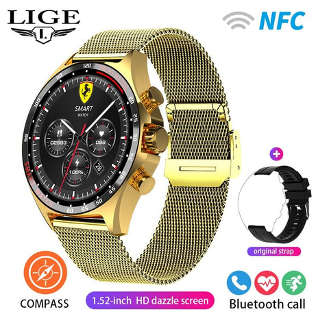 Sophie Store LIGE 2023 Smartwatch for Porsche Smart Watch Men Digital Watches Outdoor Sports Compass and NFC Bluetooth Call Wristwatch Golden