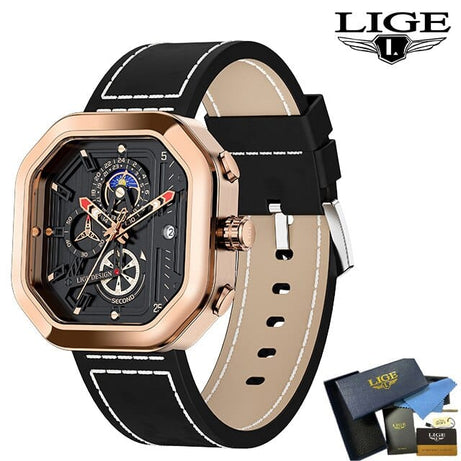 Sophie Store LIGE Fashion Square Dial Leather Mens Watches Luxury Sport Waterproof Watch Man Chronograph Quartz WristWatch Relogio Masculino