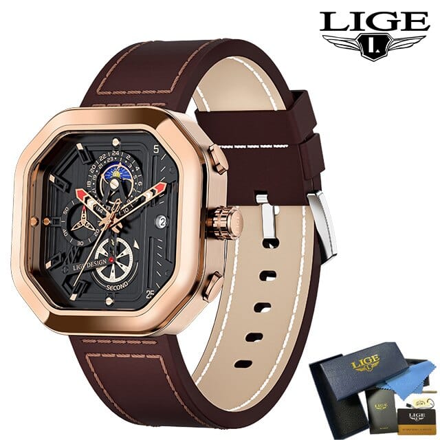 Sophie Store LIGE Fashion Square Dial Leather Mens Watches Luxury Sport Waterproof Watch Man Chronograph Quartz WristWatch Relogio Masculino