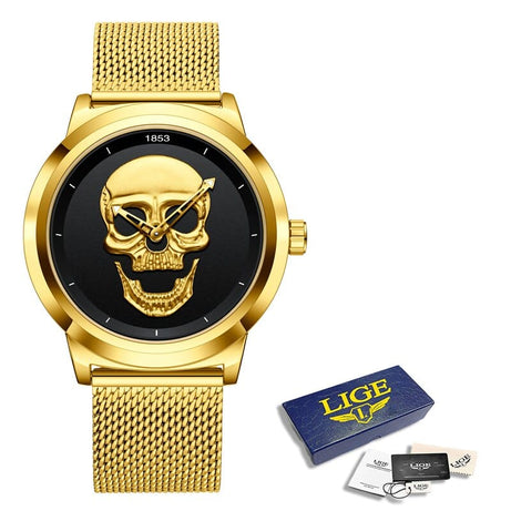Sophie Store LIGE Gold Skull Design Watches: Luxurious Sports Stainless Steel Wristwear for Men