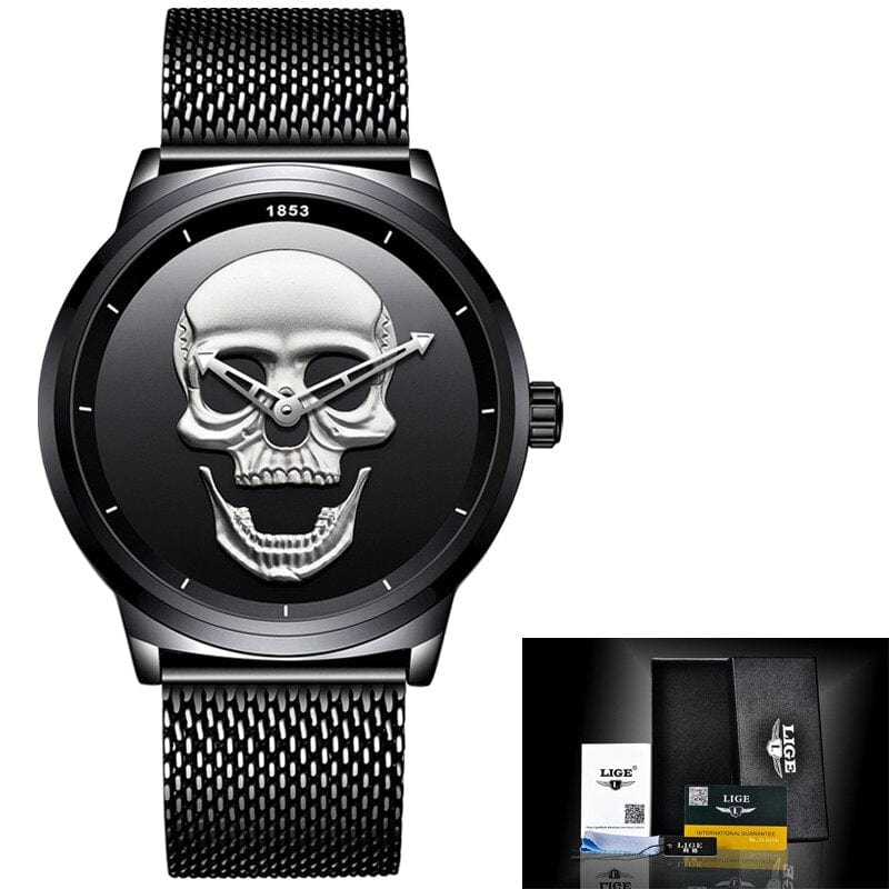 Sophie Store LIGE Gold Skull Design Watches: Luxurious Sports Stainless Steel Wristwear for Men