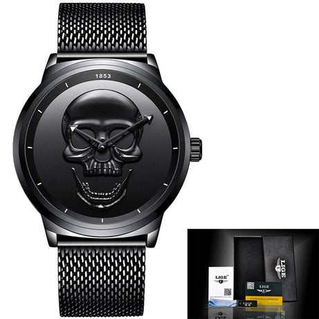 Sophie Store LIGE Gold Skull Design Watches: Luxurious Sports Stainless Steel Wristwear for Men