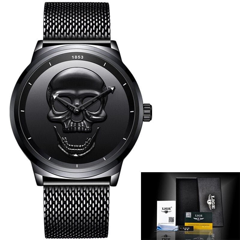 Sophie Store LIGE Gold Skull Design Watches: Luxurious Sports Stainless Steel Wristwear for Men