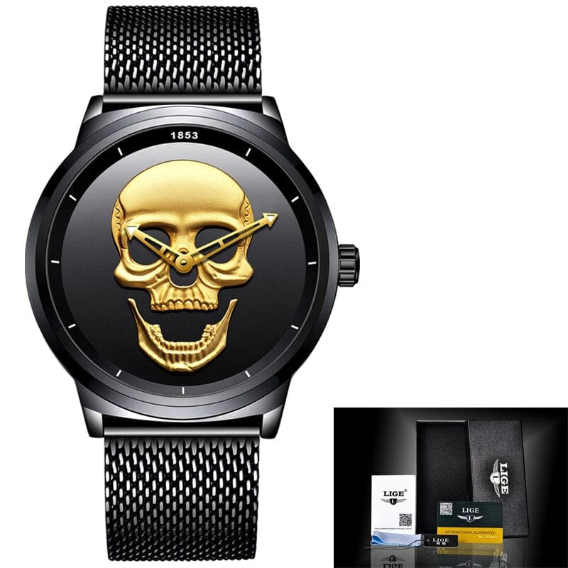 Sophie Store LIGE Gold Skull Design Watches: Luxurious Sports Stainless Steel Wristwear for Men