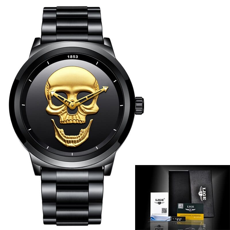 Sophie Store LIGE Gold Watches Luxury Watches Men Sports Stainless Steel Watch Men Skull Watches Golden Wristwatches Male Relogio Masculino