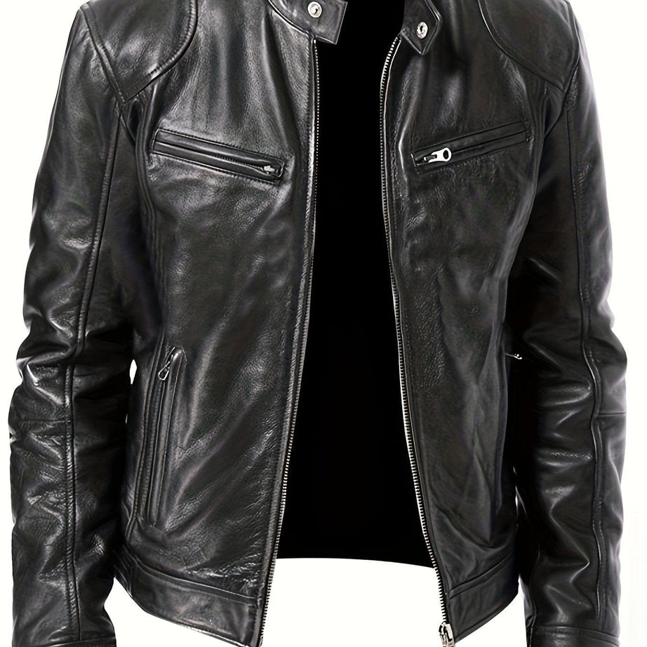 Sophie Store M(38) / black Chic Faux Leather Elegance: Men's Solid Color Stand Collar PU Jacket, Perfect for Spring and Fall