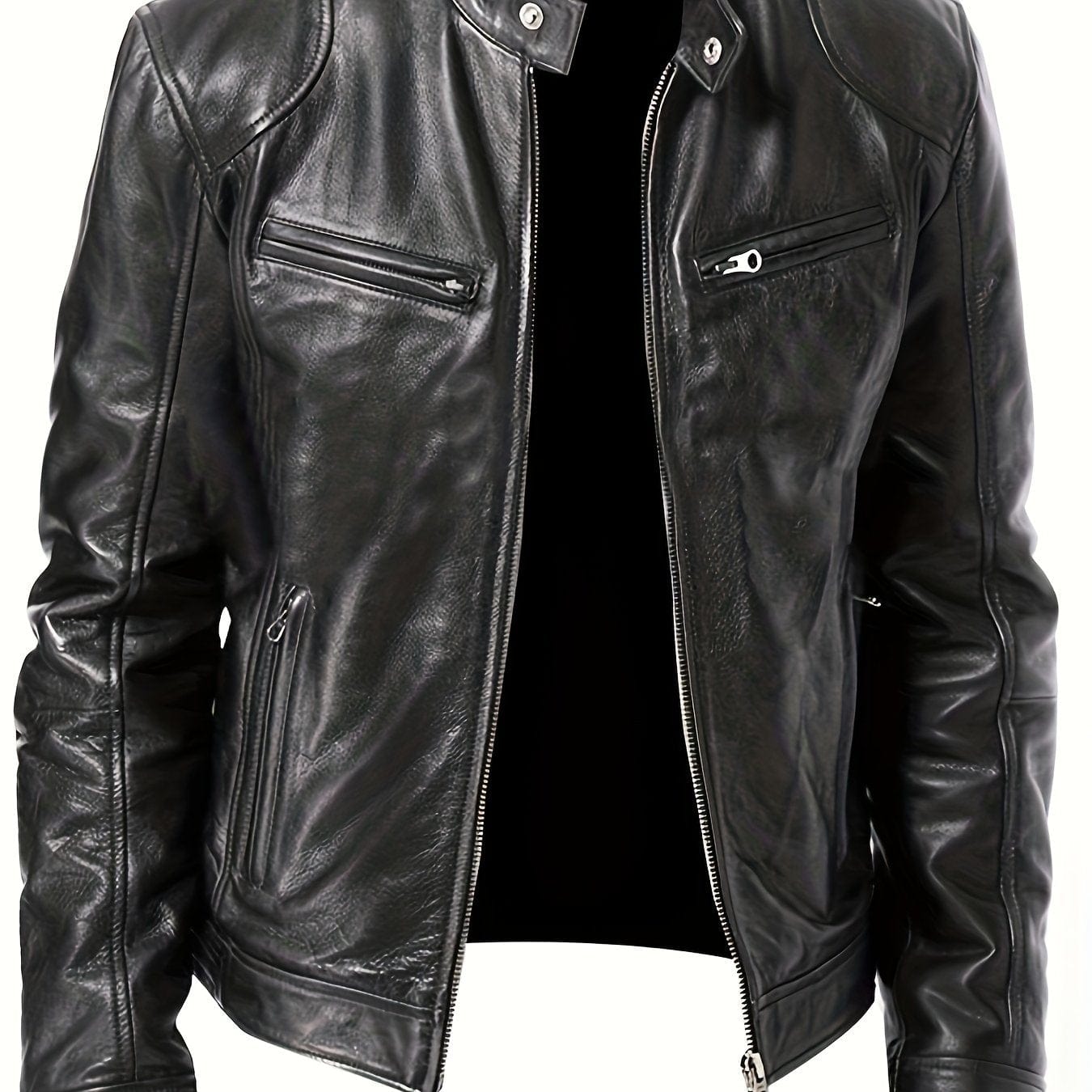 Sophie Store M(38) / black Chic Faux Leather Elegance: Men's Solid Color Stand Collar PU Jacket, Perfect for Spring and Fall