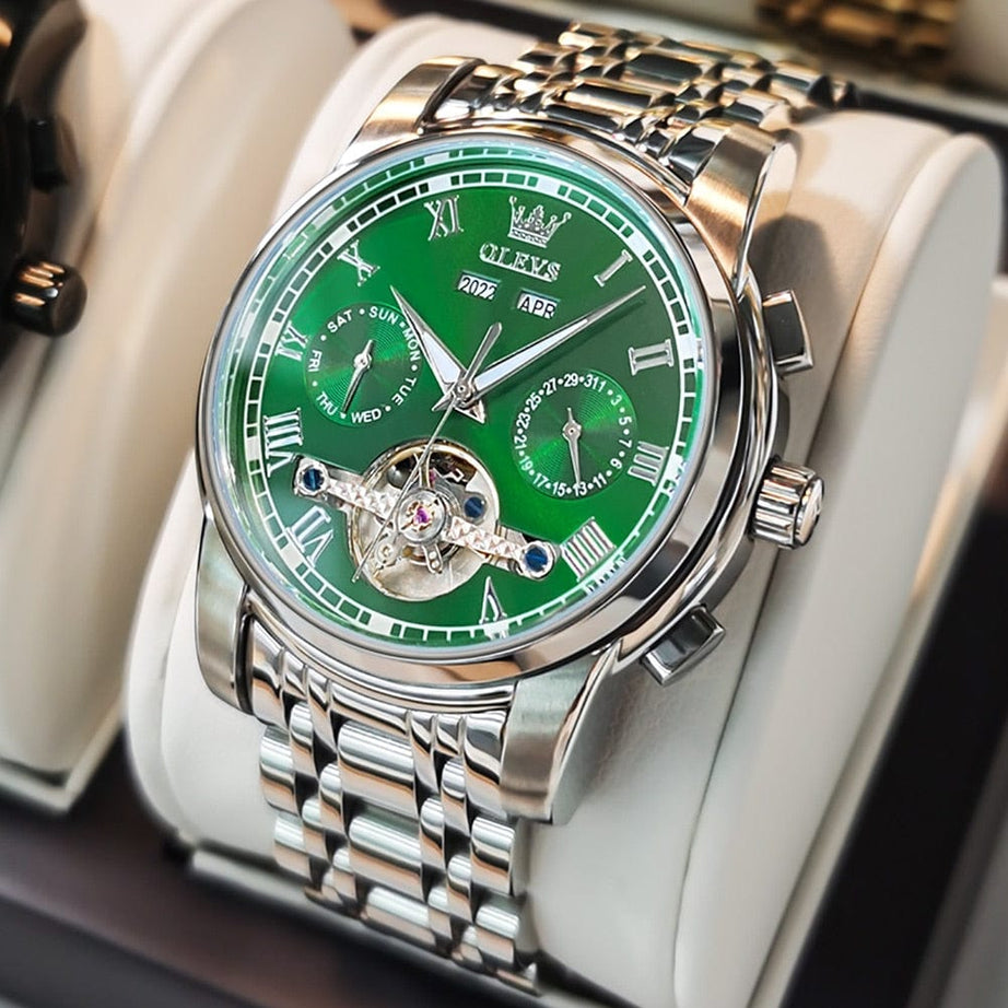 Sophie Store mens OLEVS Men's Watches Automatic Mechanical Business Wristwatch Waterproof Stainless Steel Strap Watch for Man Skeleton Calendar