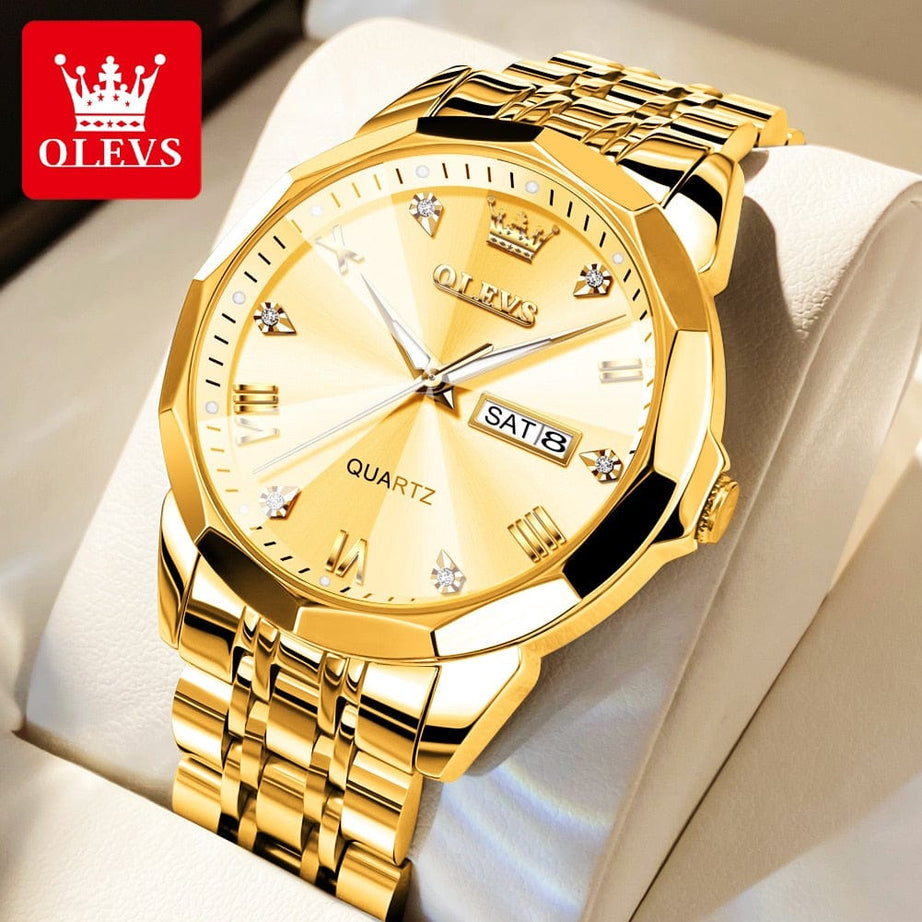 Sophie Store OLEVS Men‘s Watches Gold Original Quartz Wristwatch Waterproof Luminous Watch for Male Rhombus Mirror Date Week Luxury Dress