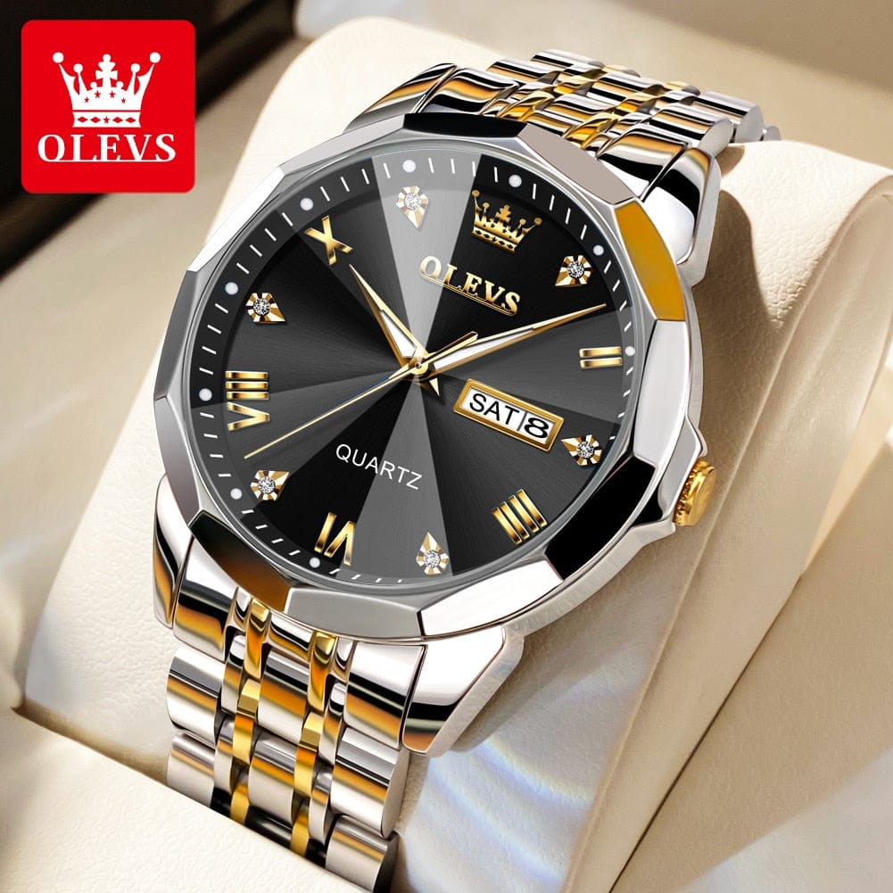 Sophie Store OLEVS Men‘s Watches Gold Original Quartz Wristwatch Waterproof Luminous Watch for Male Rhombus Mirror Date Week Luxury Dress
