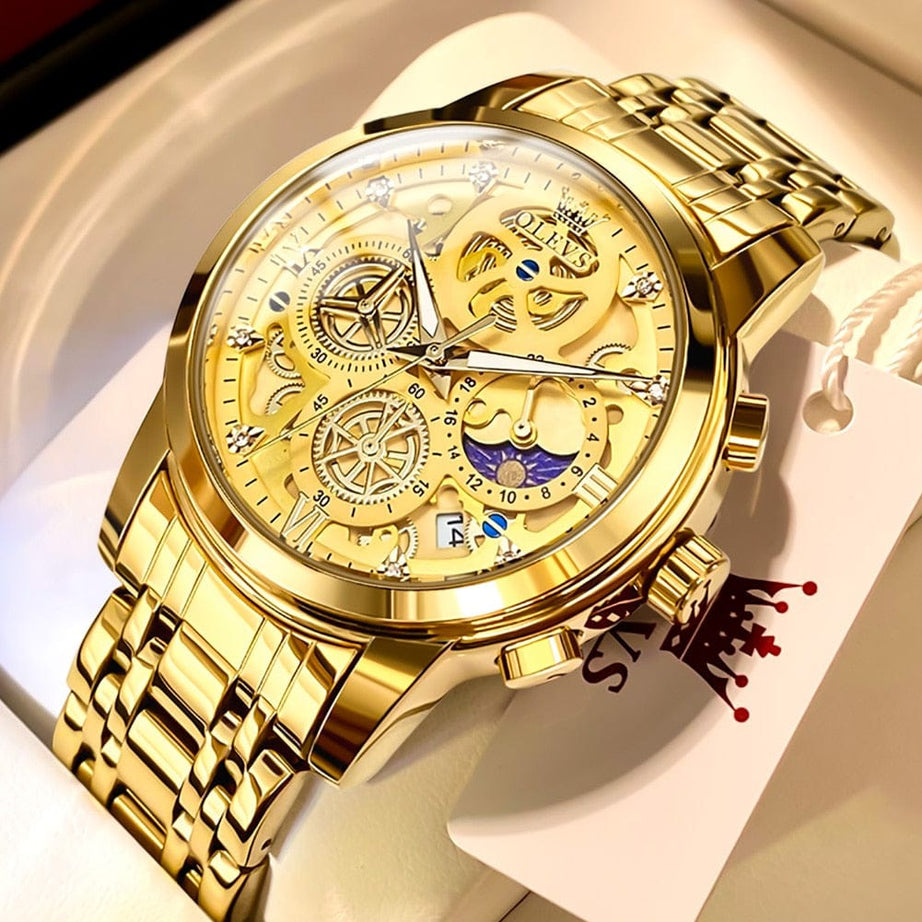 Sophie Store OLEVS Men's Watches Top Brand Luxury Original Waterproof Quartz Watch for Man Gold Skeleton Style 24 Hour Day Night New