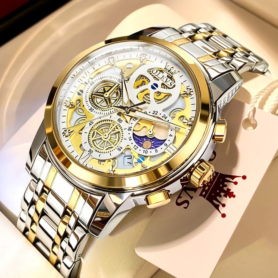 Sophie Store OLEVS Men's Watches Top Brand Luxury Original Waterproof Quartz Watch for Man Gold Skeleton Style 24 Hour Day Night New
