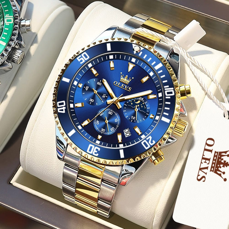 Sophie Store OLEVS Men's Watches Top Brand Luxury Watch for Men Original Waterproof Stainless Steel Chronograph Moon Phase Date Rota Dial