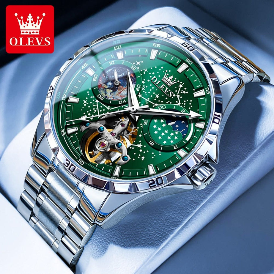 Sophie Store OLEVS Original Brand Men's Watches Waterproof Multifunctional Luminous Fully Automatic Mechanical Watch Moon Phase Starry Disk