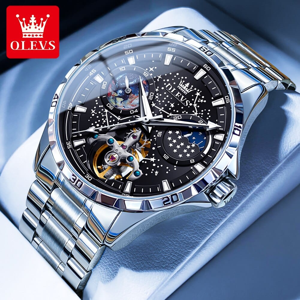 Sophie Store OLEVS Original Brand Men's Watches Waterproof Multifunctional Luminous Fully Automatic Mechanical Watch Moon Phase Starry Disk