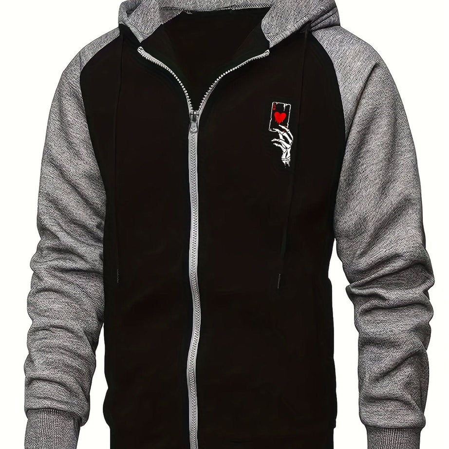 Sophie Store S(36) / black Deal of Style: Men's Color Block Poker Print Zip-Up Hooded Sweatshirt for Autumn and Spring