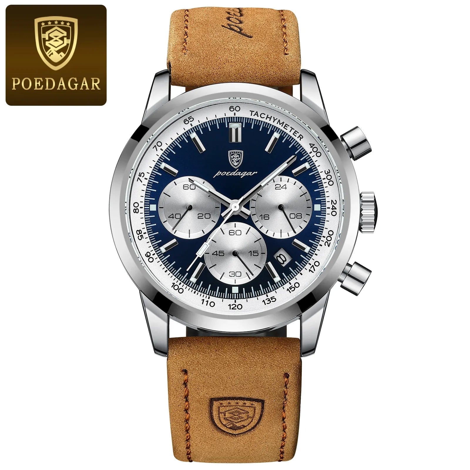 Sophie Store Silver Blue POEDAGAR Luxury Man Watch High Quality Waterproof Chronograph Luminous Men's Wristwatch Leather Men Quartz Watches Casual Clock