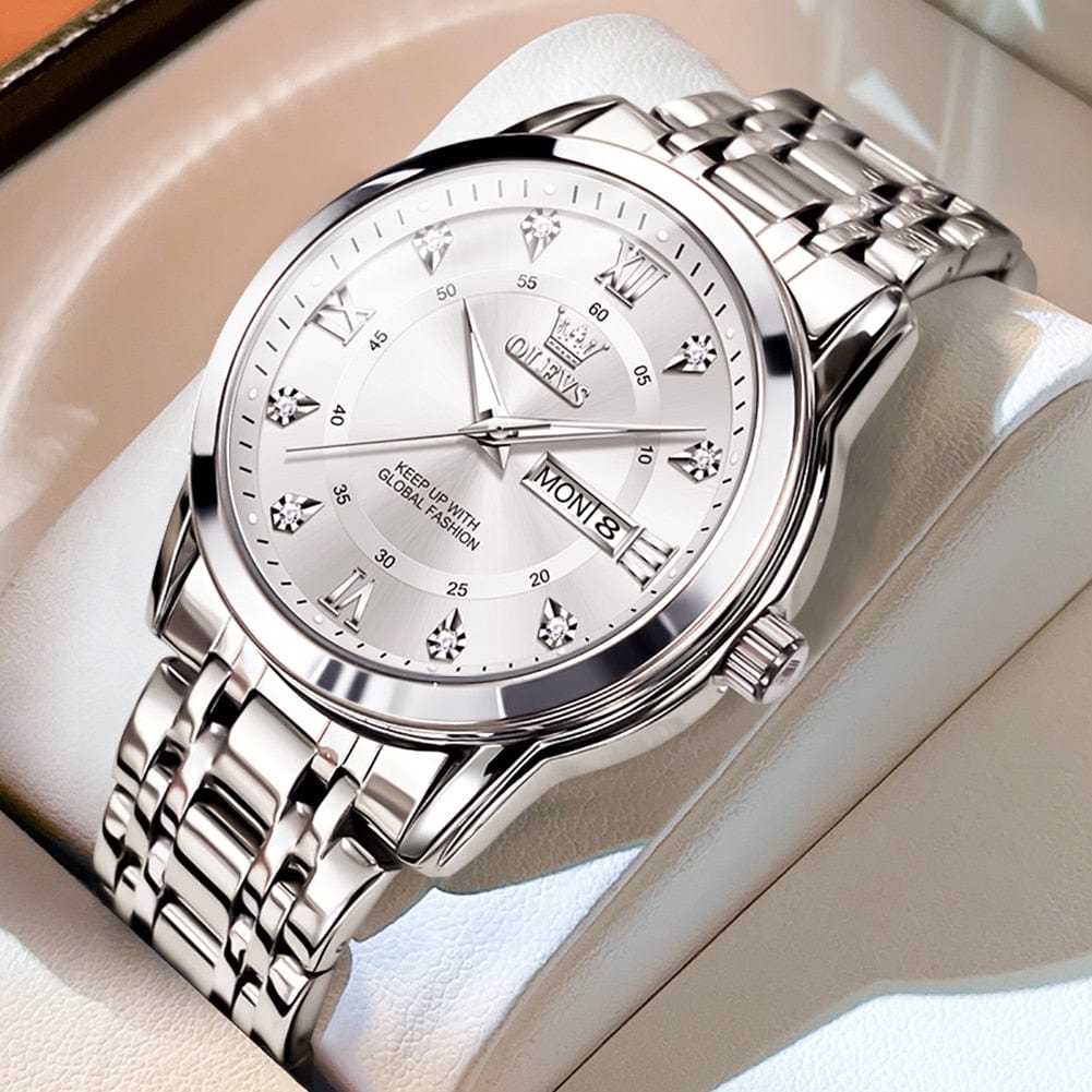 Sophie Store silver white / United States / No OLEVS Men's Watches Fashion Gold Original Quartz Watch for Man Stainless Steel Waterproof Luminous Wrist Watch Date Week Roman