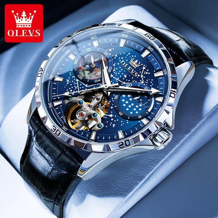 Sophie Store skin blue / United States OLEVS Original Brand Men's Watches Waterproof Multifunctional Luminous Fully Automatic Mechanical Watch Moon Phase Starry Disk