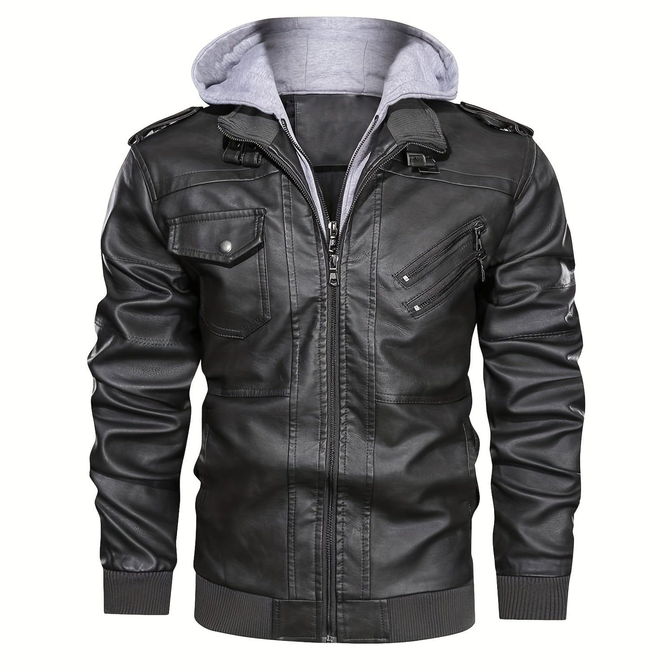 Sophie Store Sleek and Stylish: Men's PU Hooded Biker Jacket with Multi Pockets, Your Perfect Casual Faux Leather Coat