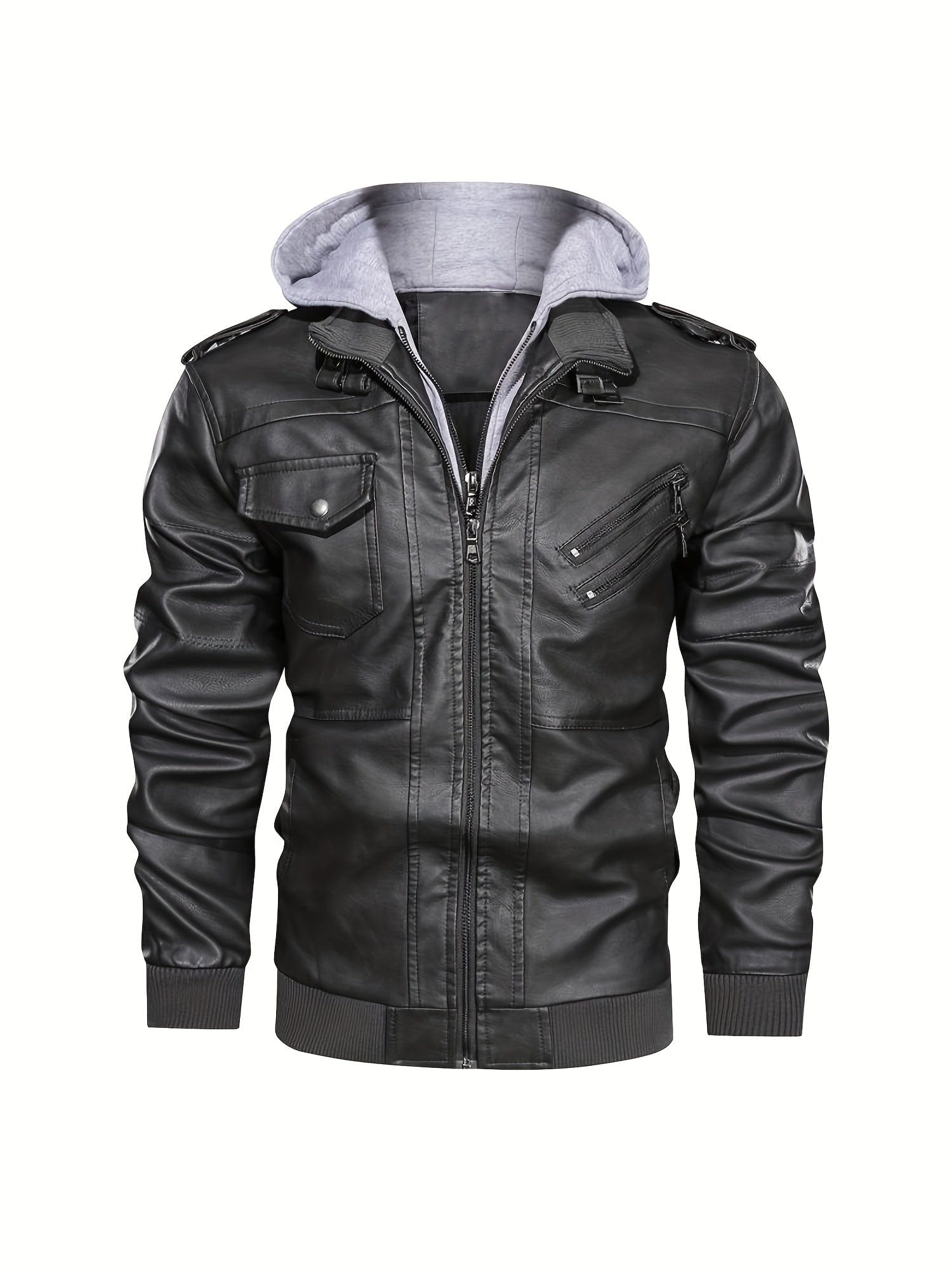 Sophie Store Sleek and Stylish: Men's PU Hooded Biker Jacket with Multi Pockets, Your Perfect Casual Faux Leather Coat