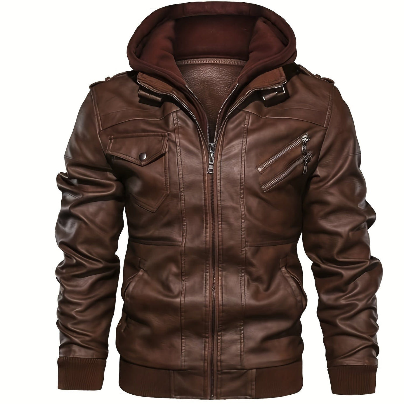 Sophie Store Sleek and Stylish: Men's PU Hooded Biker Jacket with Multi Pockets, Your Perfect Casual Faux Leather Coat