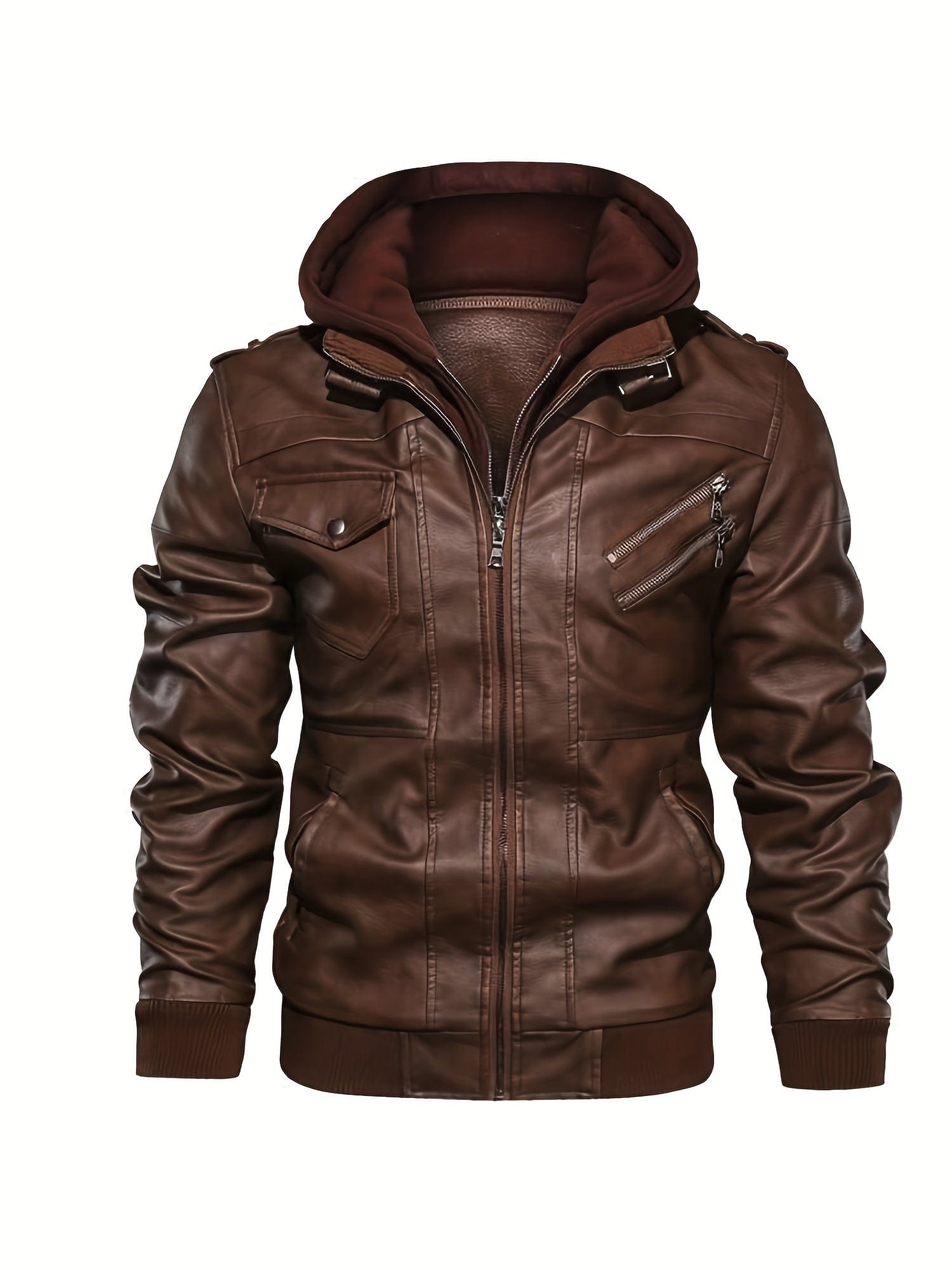 Sophie Store Sleek and Stylish: Men's PU Hooded Biker Jacket with Multi Pockets, Your Perfect Casual Faux Leather Coat