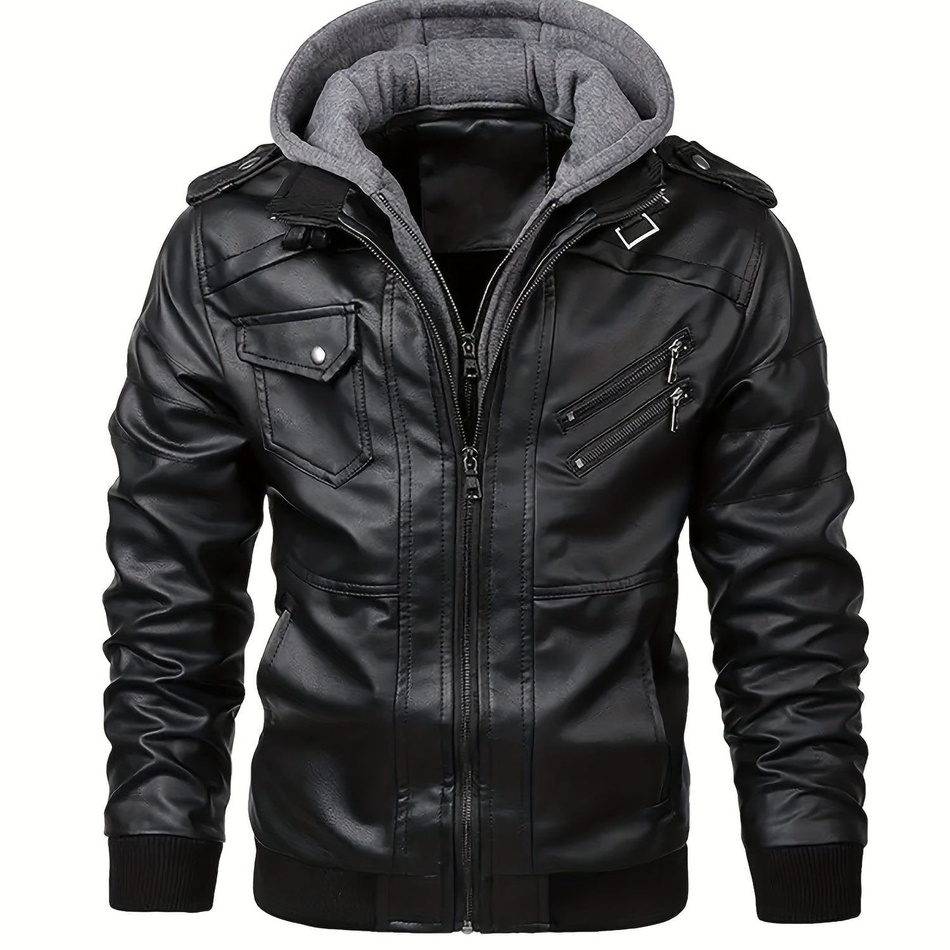 Sophie Store Sleek and Stylish: Men's PU Hooded Biker Jacket with Multi Pockets, Your Perfect Casual Faux Leather Coat