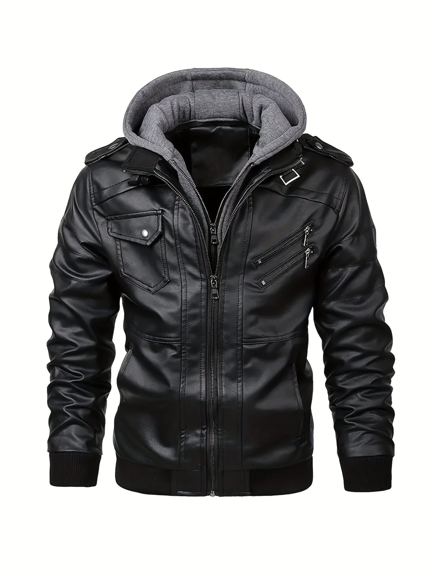 Sophie Store Sleek and Stylish: Men's PU Hooded Biker Jacket with Multi Pockets, Your Perfect Casual Faux Leather Coat