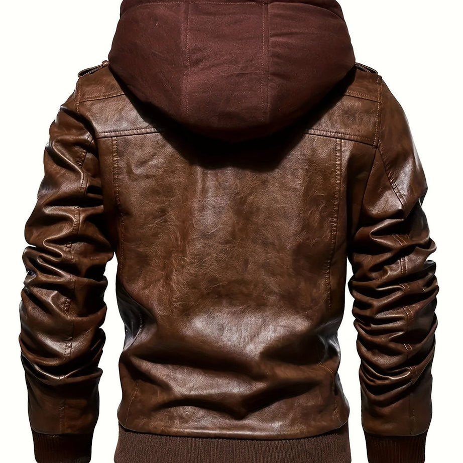 Sophie Store Sleek and Stylish: Men's PU Hooded Biker Jacket with Multi Pockets, Your Perfect Casual Faux Leather Coat