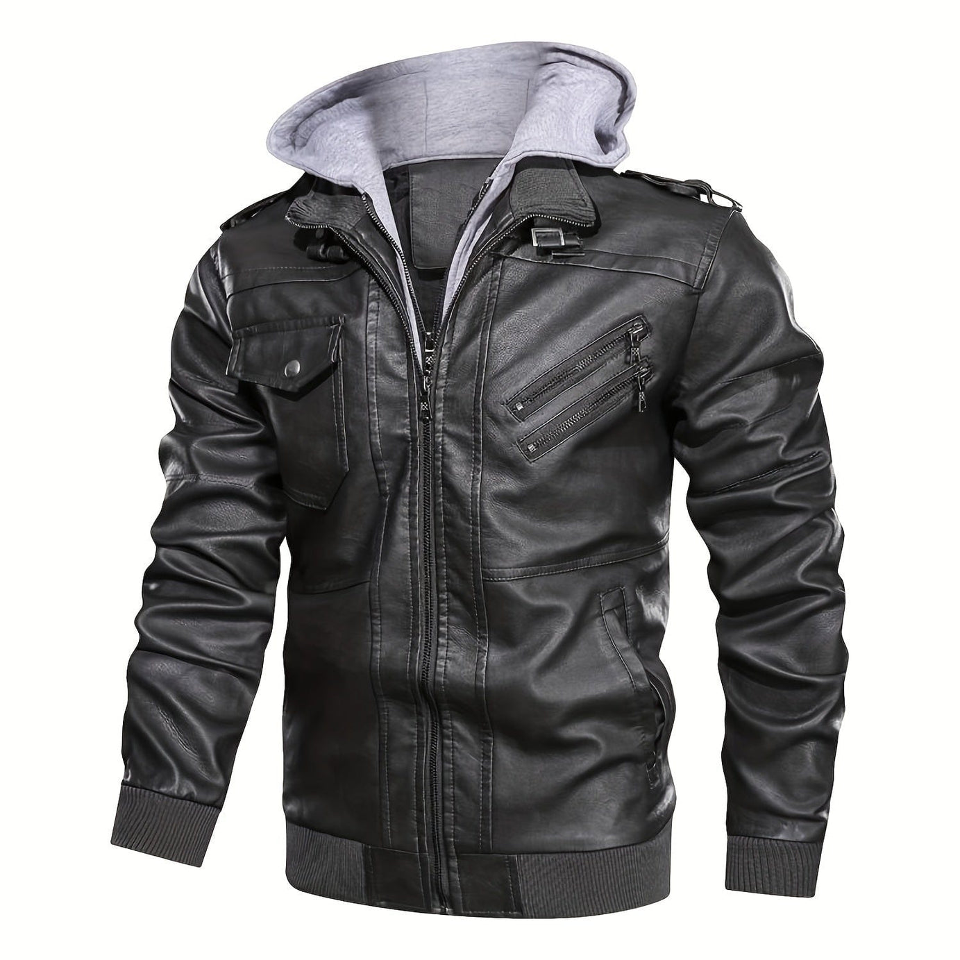 Sophie Store Sleek and Stylish: Men's PU Hooded Biker Jacket with Multi Pockets, Your Perfect Casual Faux Leather Coat