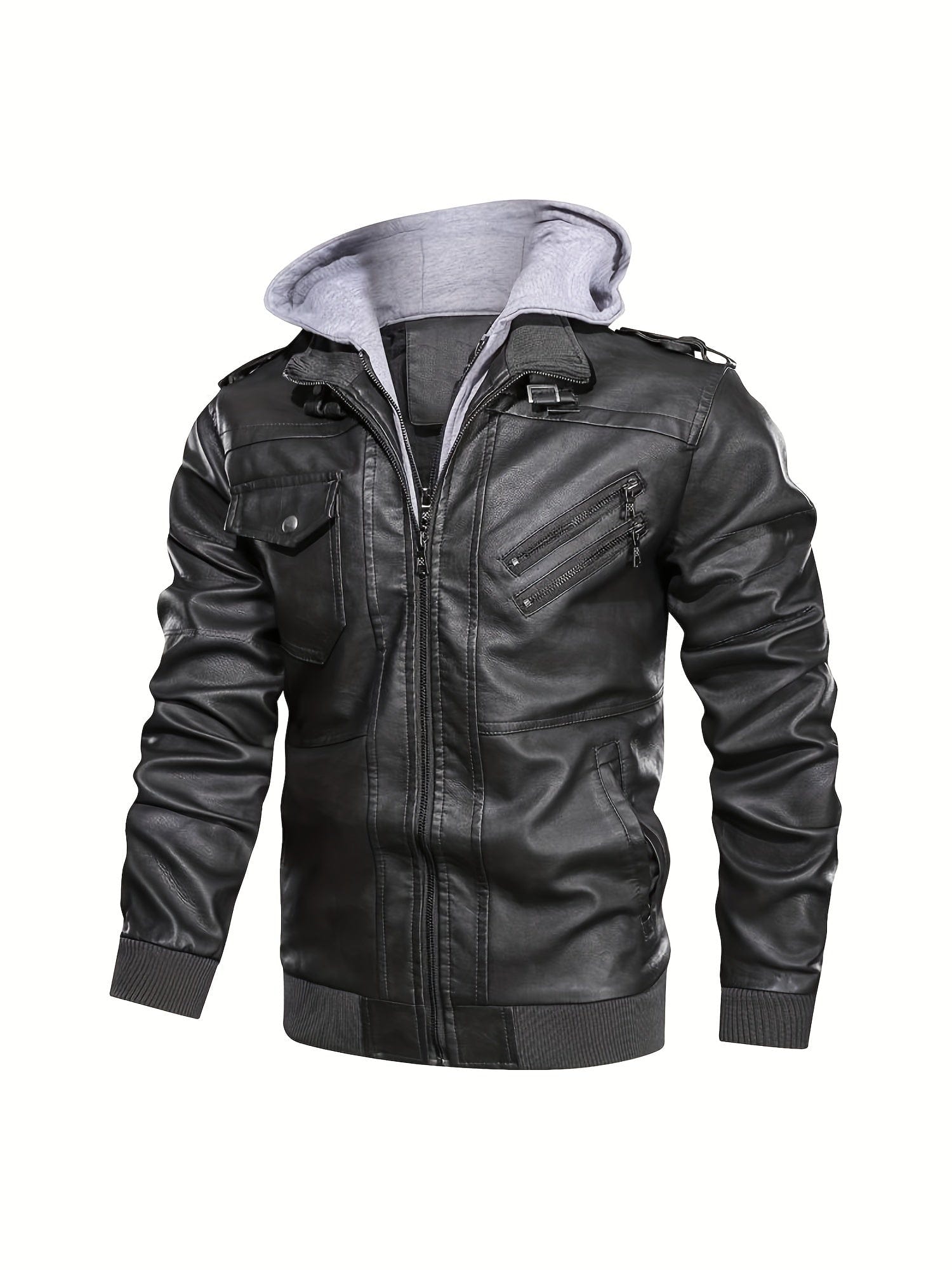 Sophie Store Sleek and Stylish: Men's PU Hooded Biker Jacket with Multi Pockets, Your Perfect Casual Faux Leather Coat
