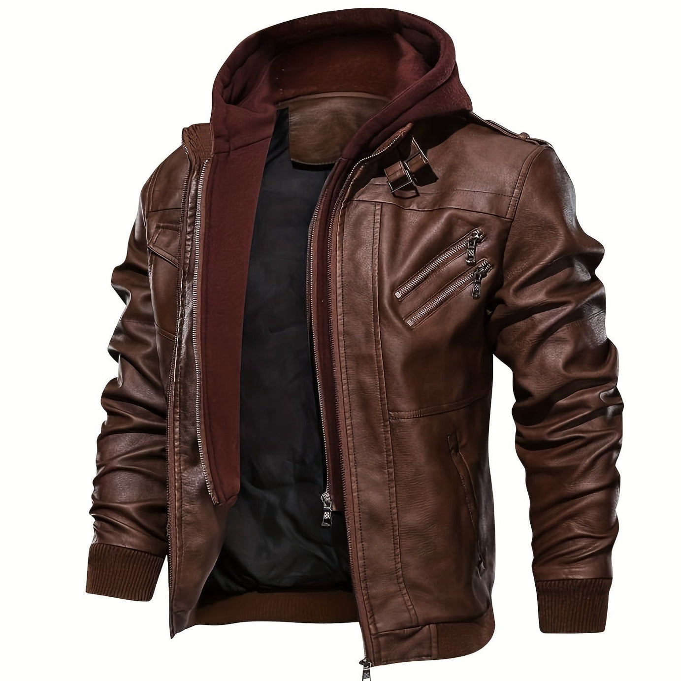 Sophie Store Sleek and Stylish: Men's PU Hooded Biker Jacket with Multi Pockets, Your Perfect Casual Faux Leather Coat