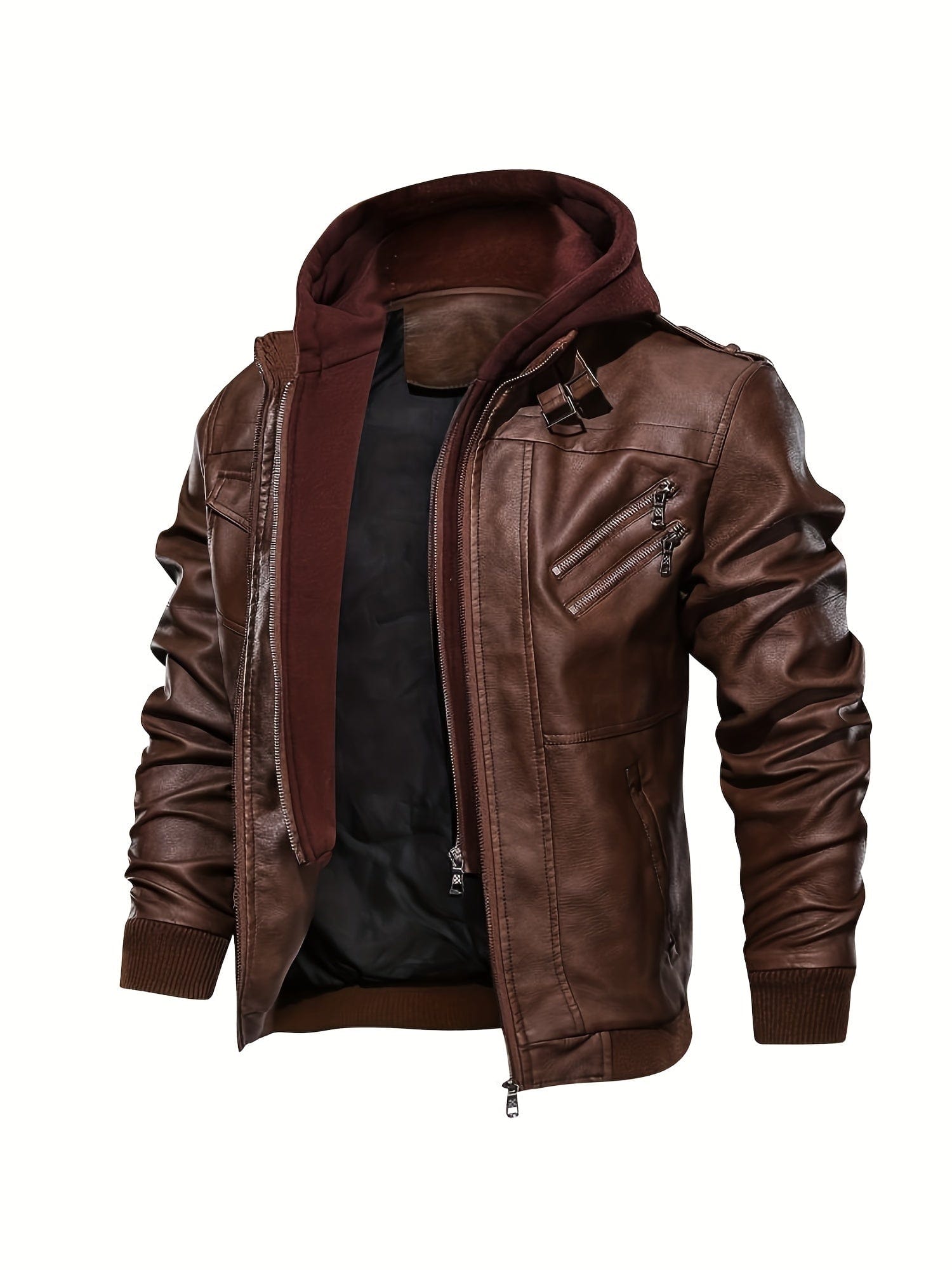 Sophie Store Sleek and Stylish: Men's PU Hooded Biker Jacket with Multi Pockets, Your Perfect Casual Faux Leather Coat