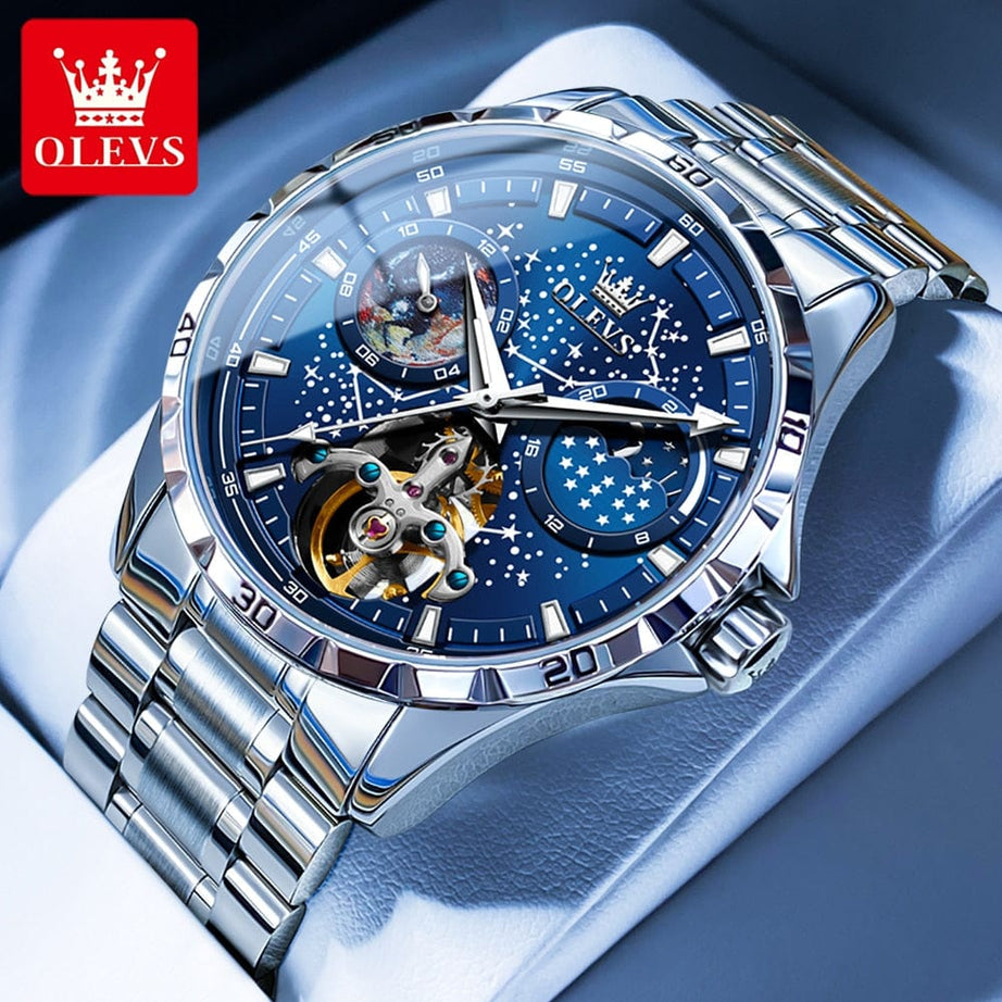 Sophie Store steel blue / United States OLEVS Original Brand Men's Watches Waterproof Multifunctional Luminous Fully Automatic Mechanical Watch Moon Phase Starry Disk