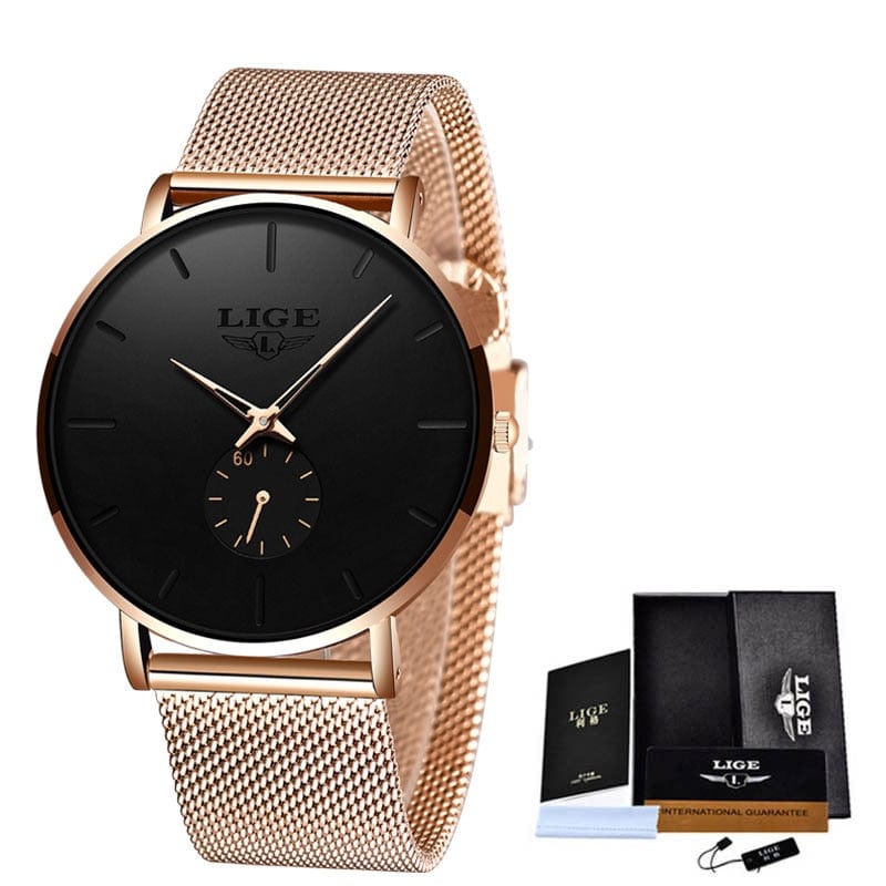 Sophie Store Steel rose gold LIGE New Fashion Ultra-Thin Watches For Men With Box